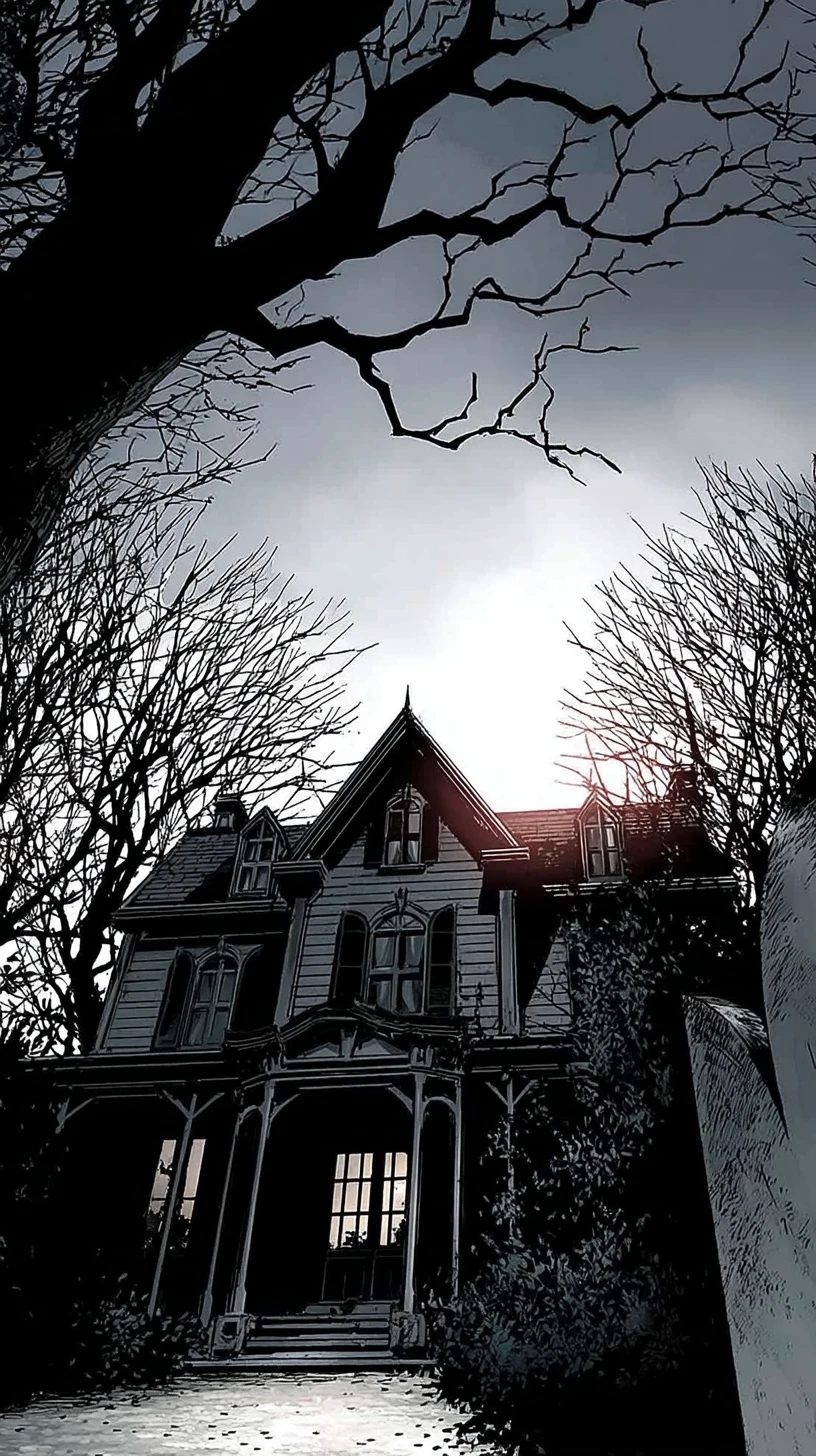 Curved Haunted House Glowing At Evening Horizon Light