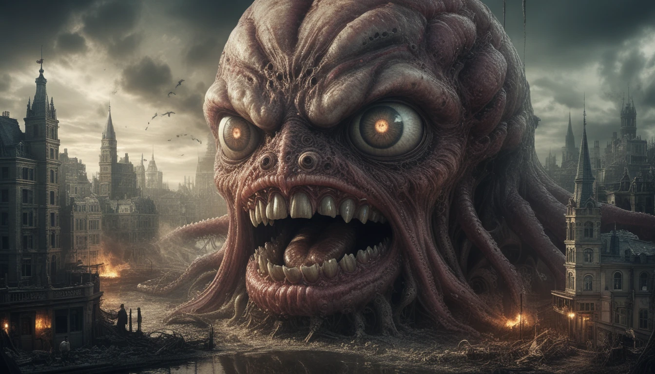 Colossal tentacled monster destroying a Victorian city street