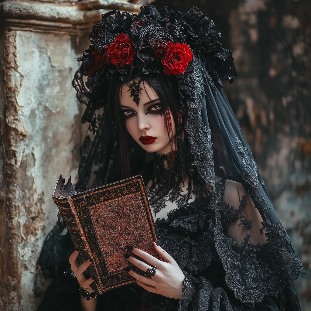 Oráculo steampunk de luna de sangre en un castillo gótico en ruinas