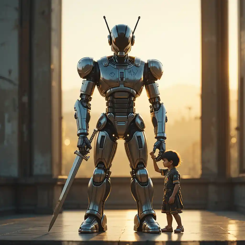 Heroic robot gently holding a small childs hand at sunset