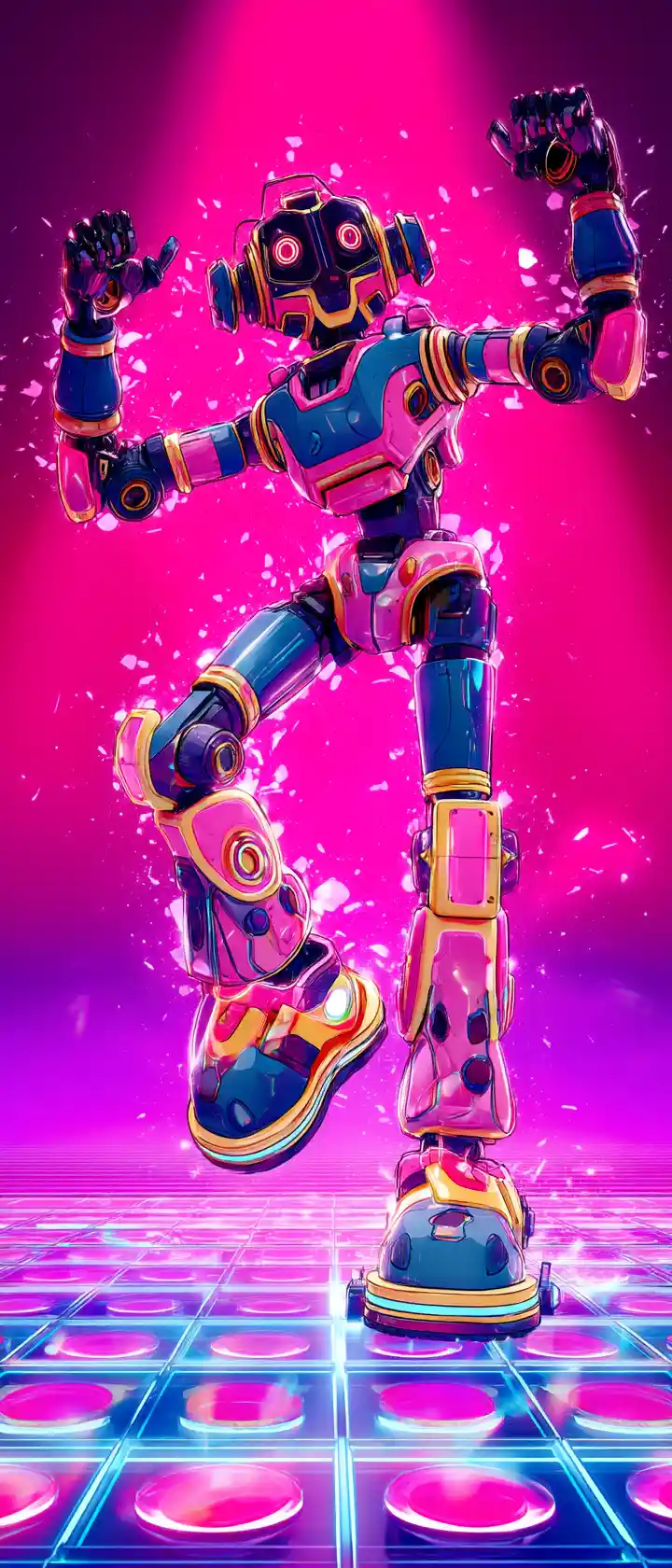Robô de anime dançando com movimentos de disco exagerados em luzes neon