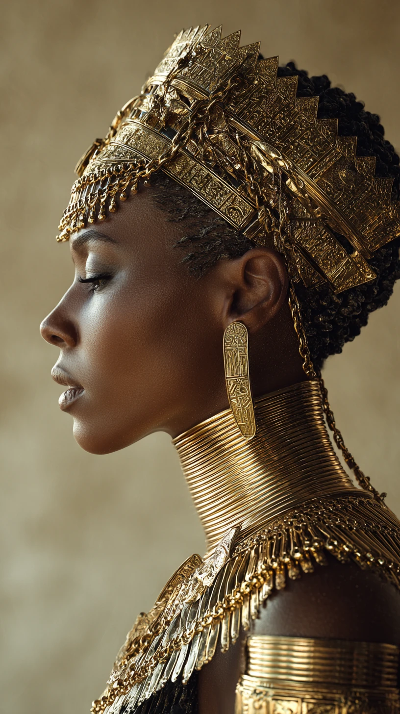 Regal side profile portrait with golden futuristic adornments