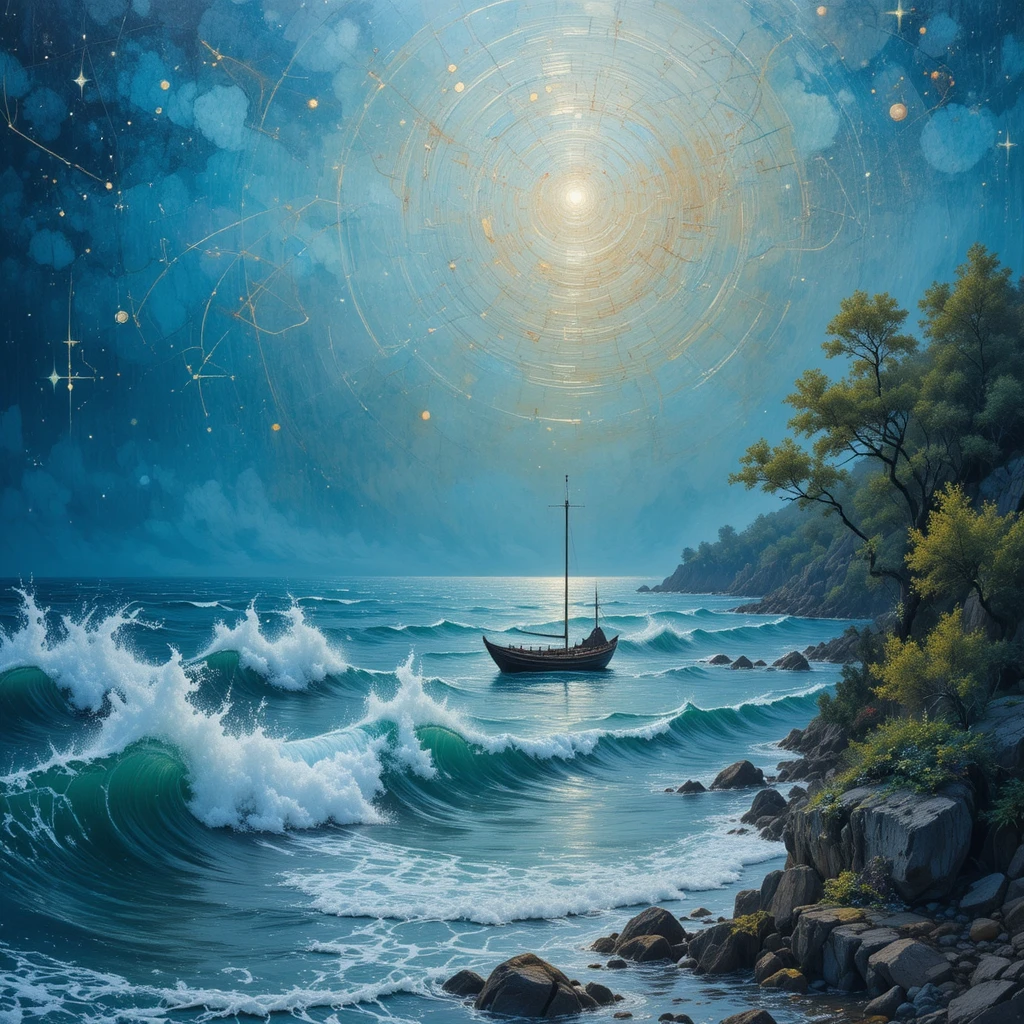 Surreal glowing seascape with gentle waves and distant boat