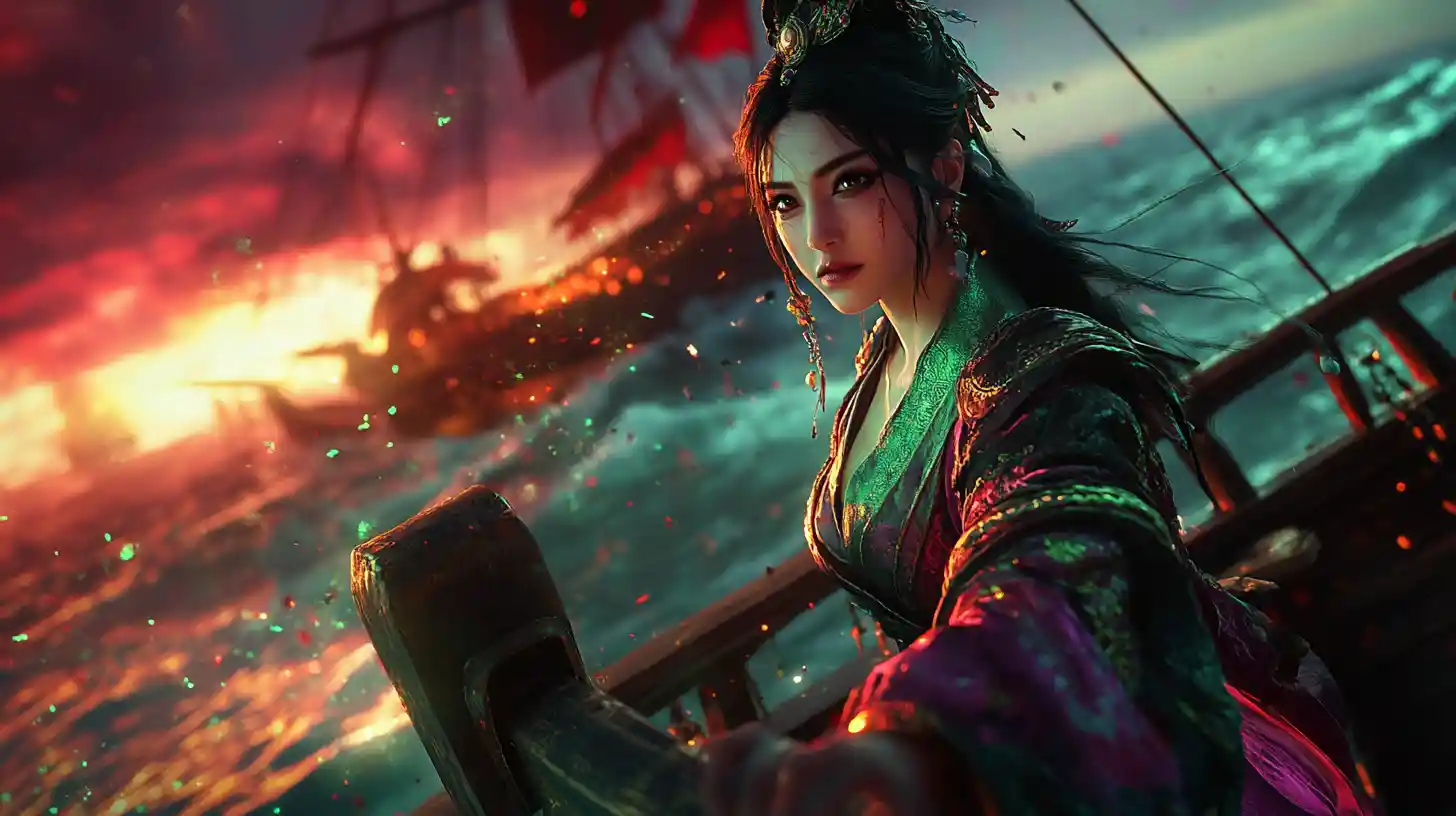 Wuxia empress at the helm of a ghostly warship