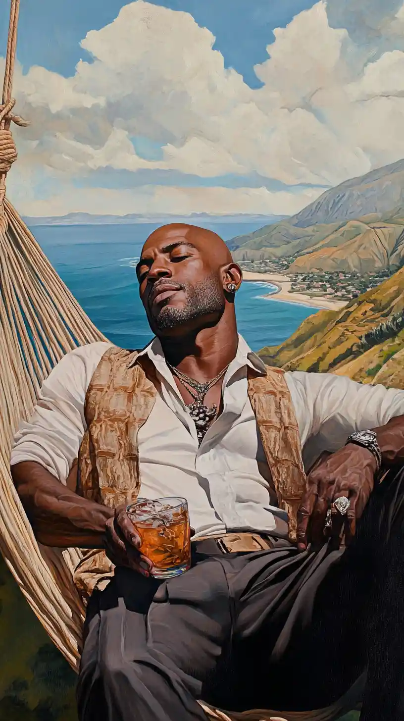 Relaxed man in a hammock enjoying a cocktail outdoors