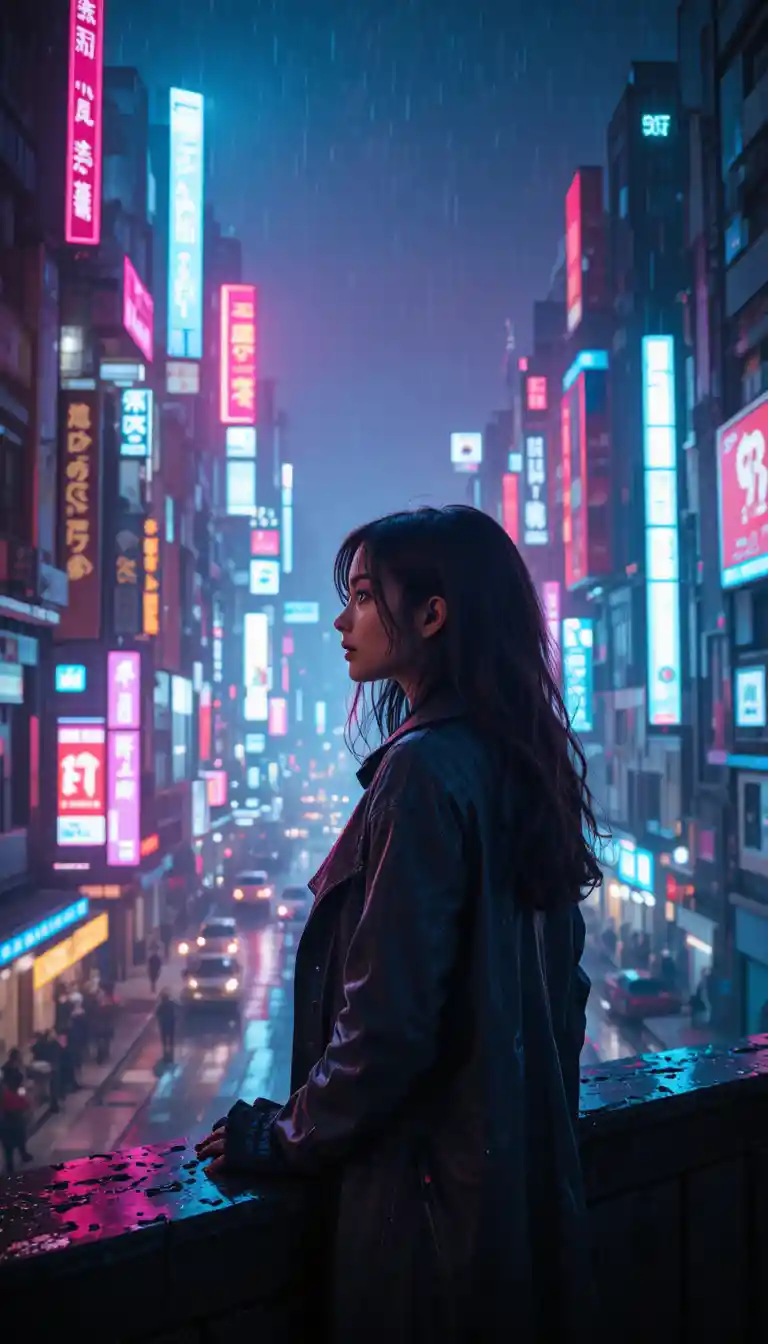 女子凝視霓虹賽博龐克夜城