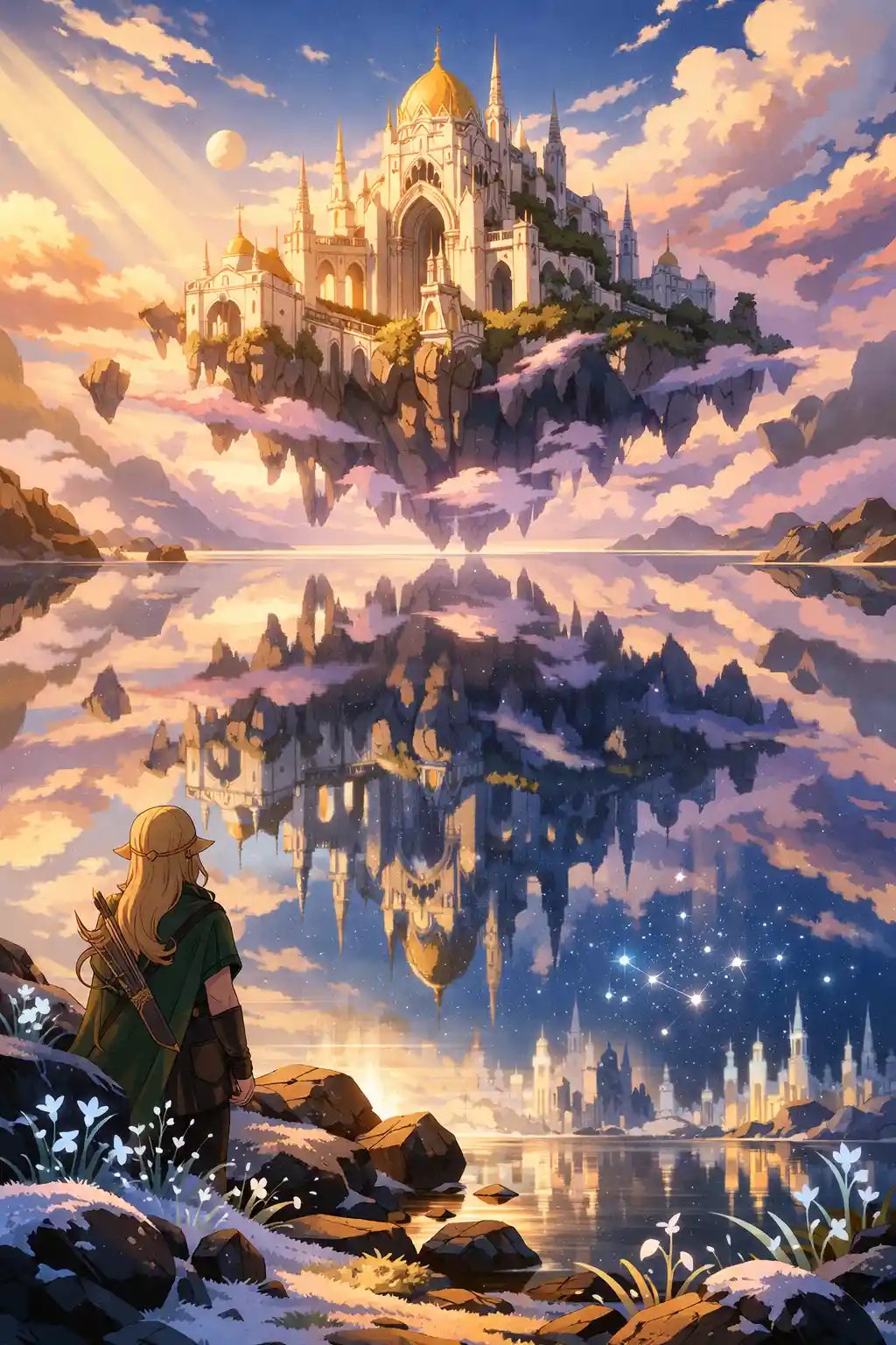 Elf Watching A Floating Cathedral Reflected On Mirror Lake
