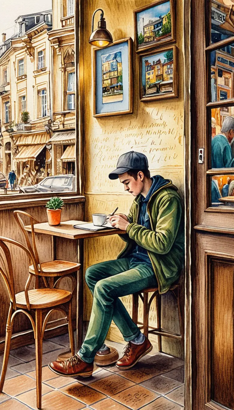 Thoughtful writer at a small oak table in a cafe