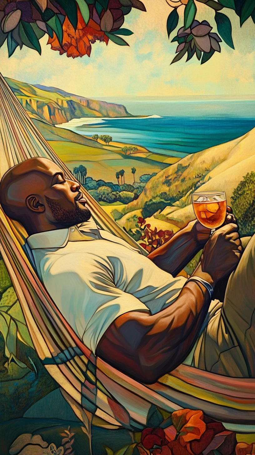 Relaxed man with cocktail lounging in a hammock outdoors