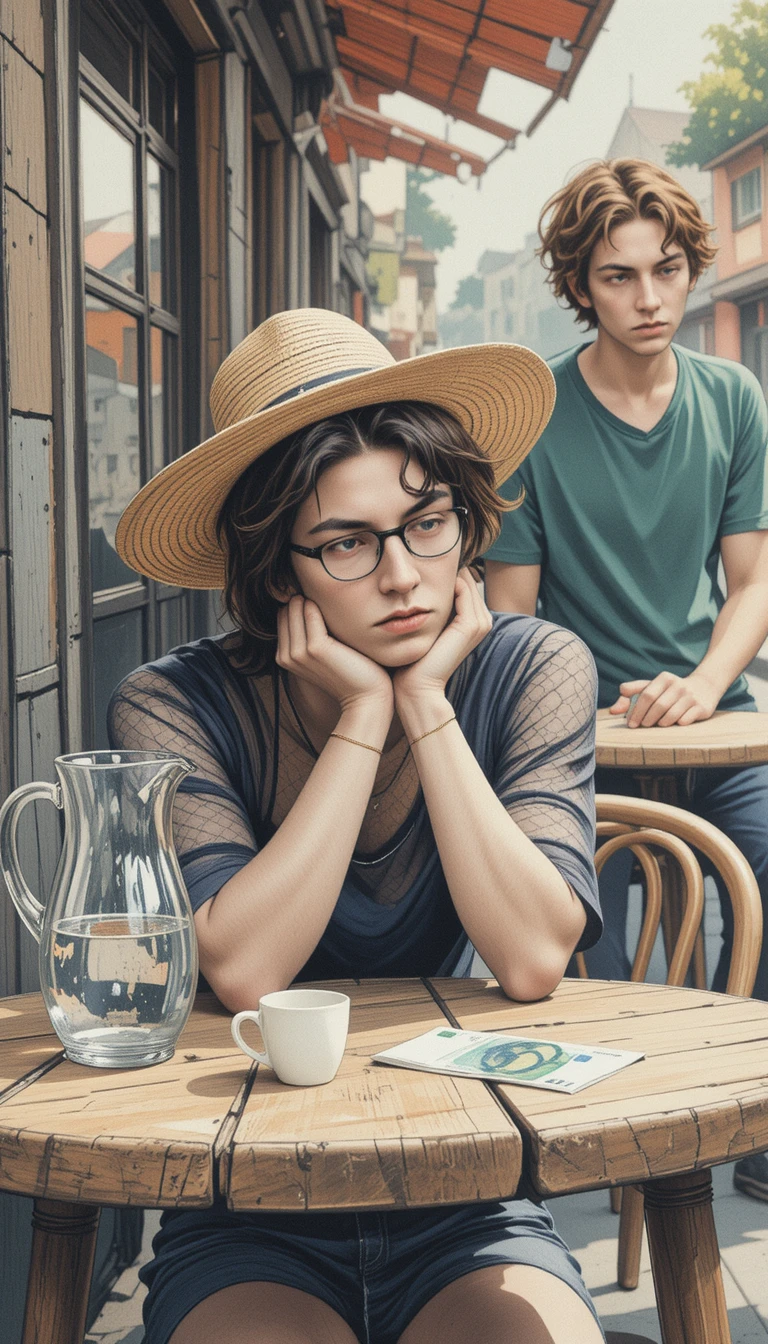 Donna pensierosa con cappello di paglia a un tranquillo tavolino all’aperto