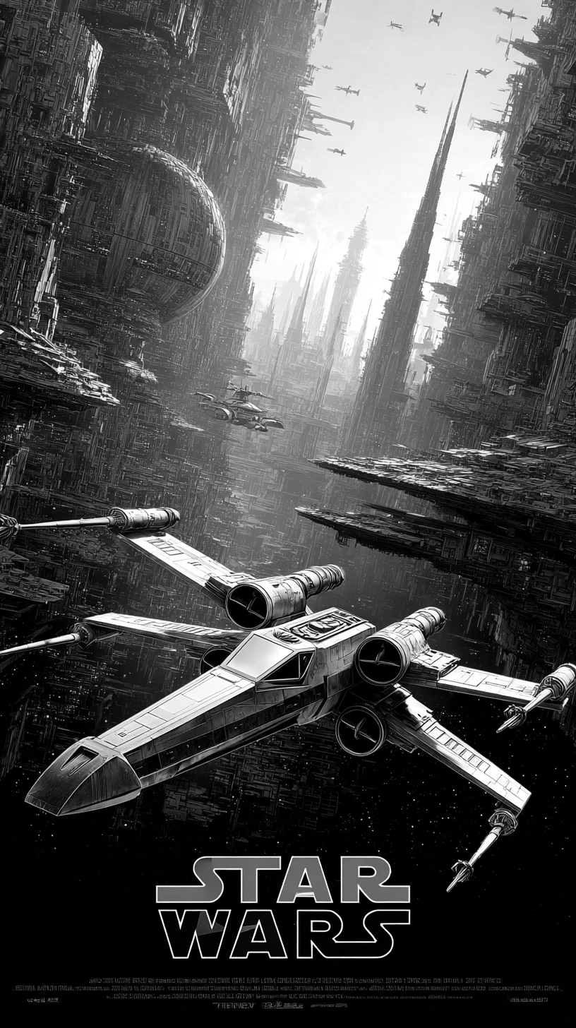Minimalist black and white poster of a sci fi spaceship
