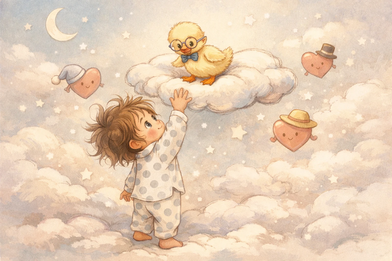 Curious toddler reaching for duckling on cloud pillow