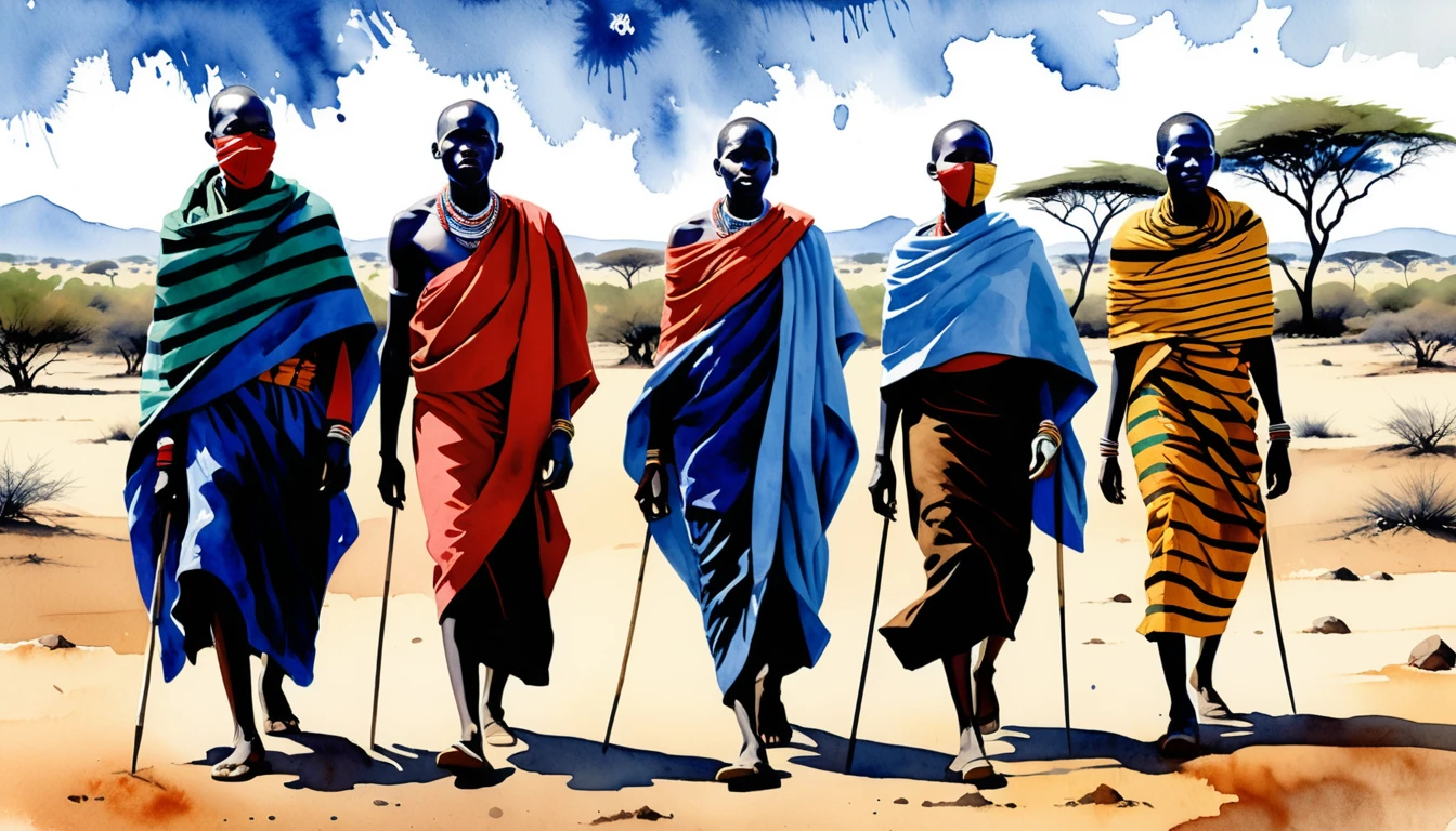 Four Maasai figures in vibrant watercolor desert scene