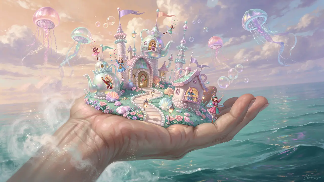 Whimsical miniature village resting on a giant ocean hand