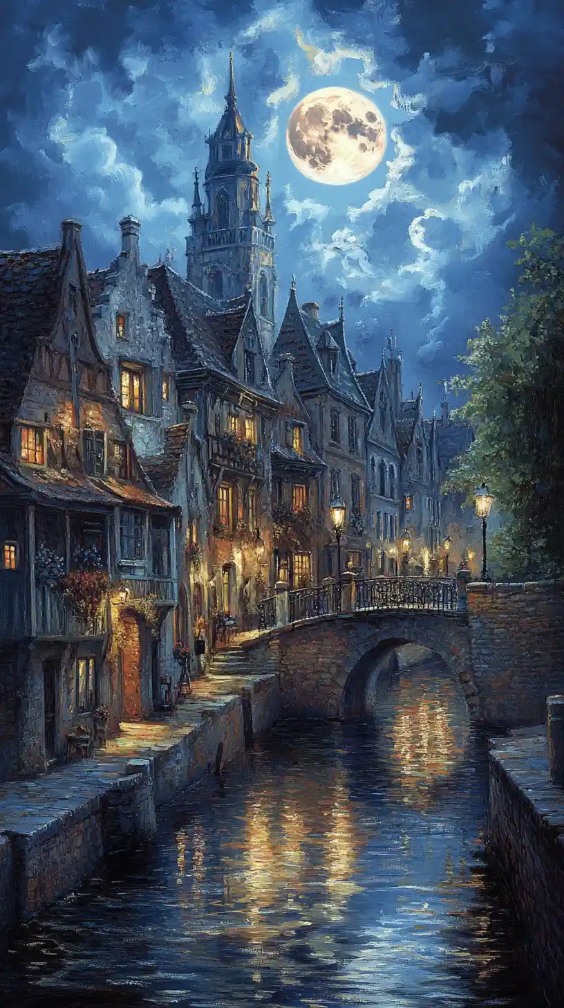 Moonlit european canal town with glowing historic architecture