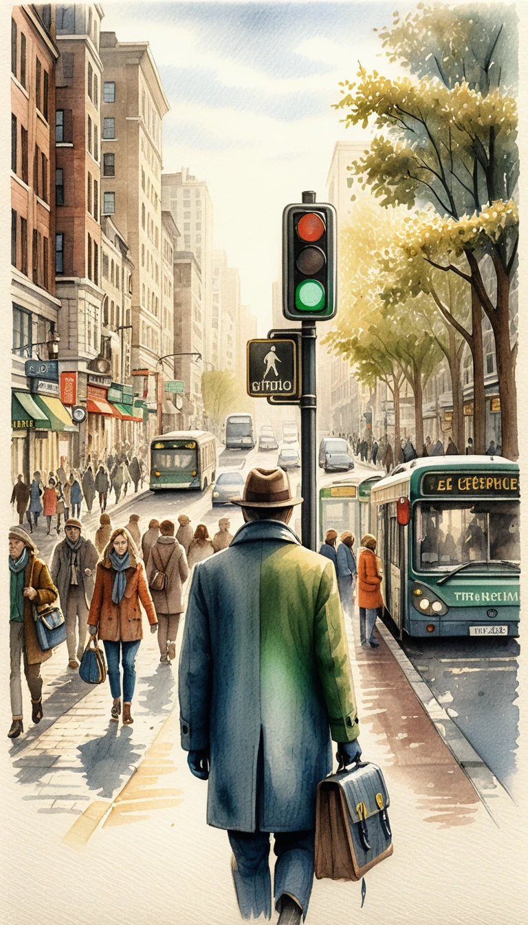 Man Walking Toward A Busy City Intersection At Morning Rush Hour