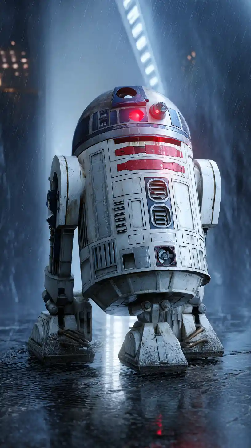 Cinematic view of iconic droids in a minimal sci fi scene