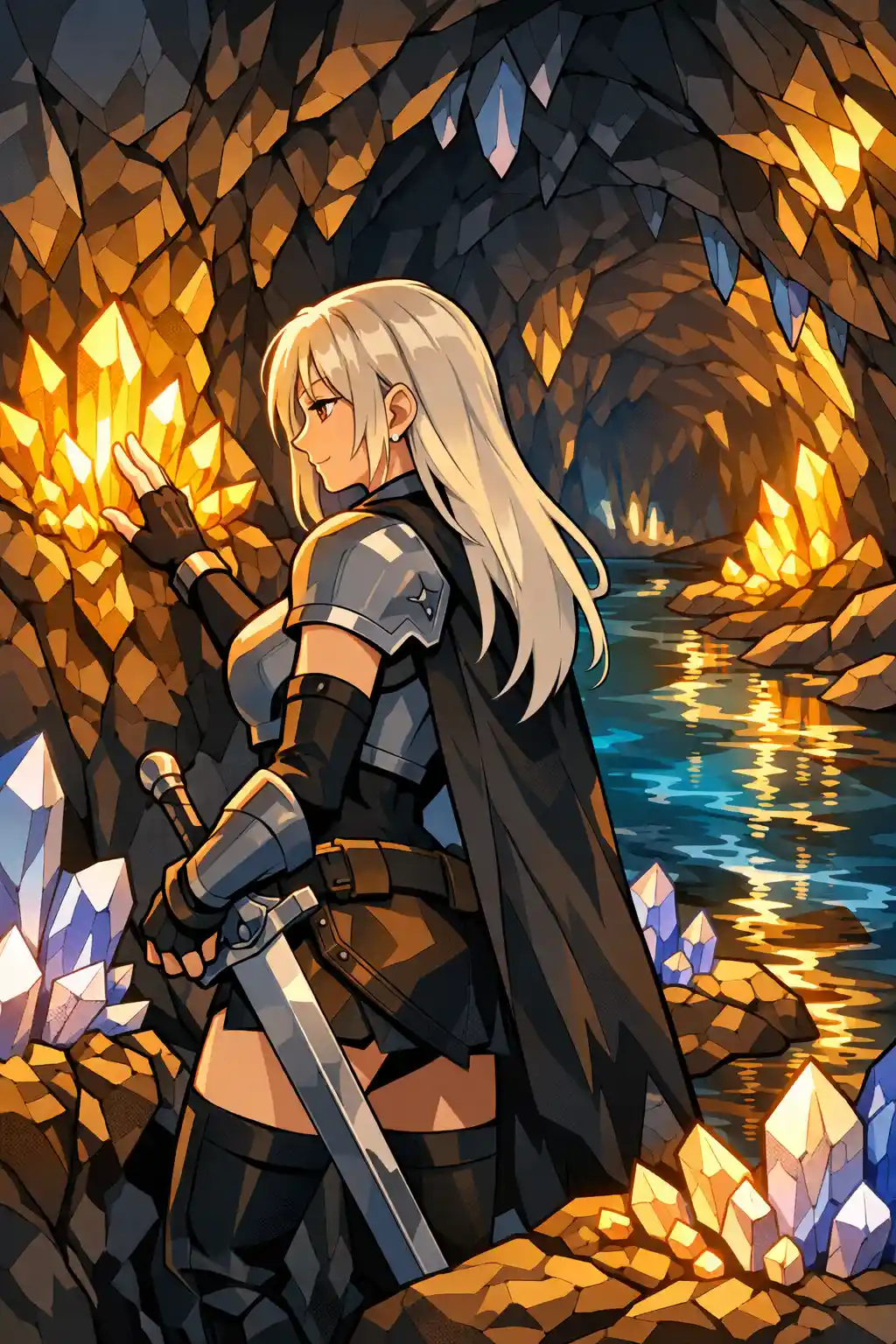 Warrior woman in a glowing crystal cavern passage