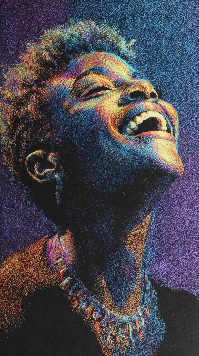 Joyful black woman laughing under warm cinematic backlight