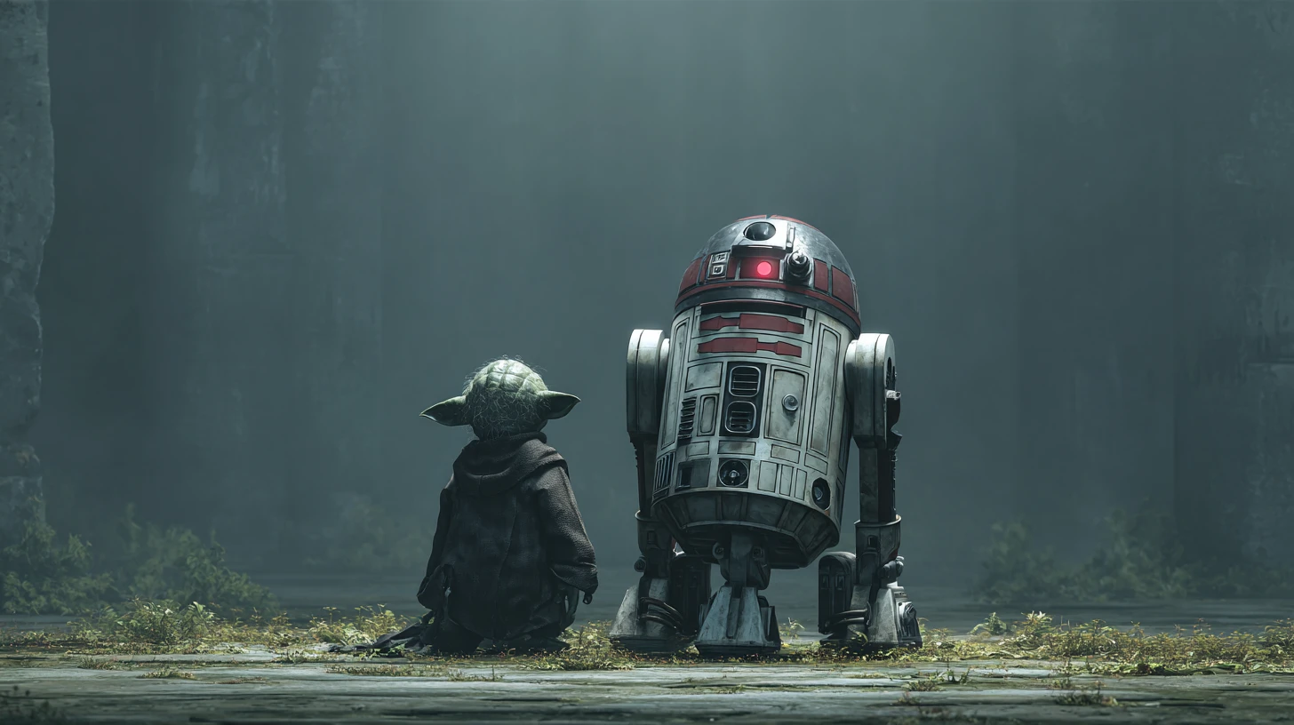 Realistic sci fi droids in a minimal cinematic scene