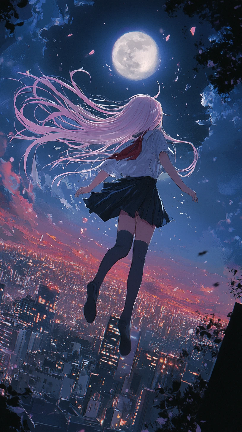 Anime girl descending through a moonlit city sky