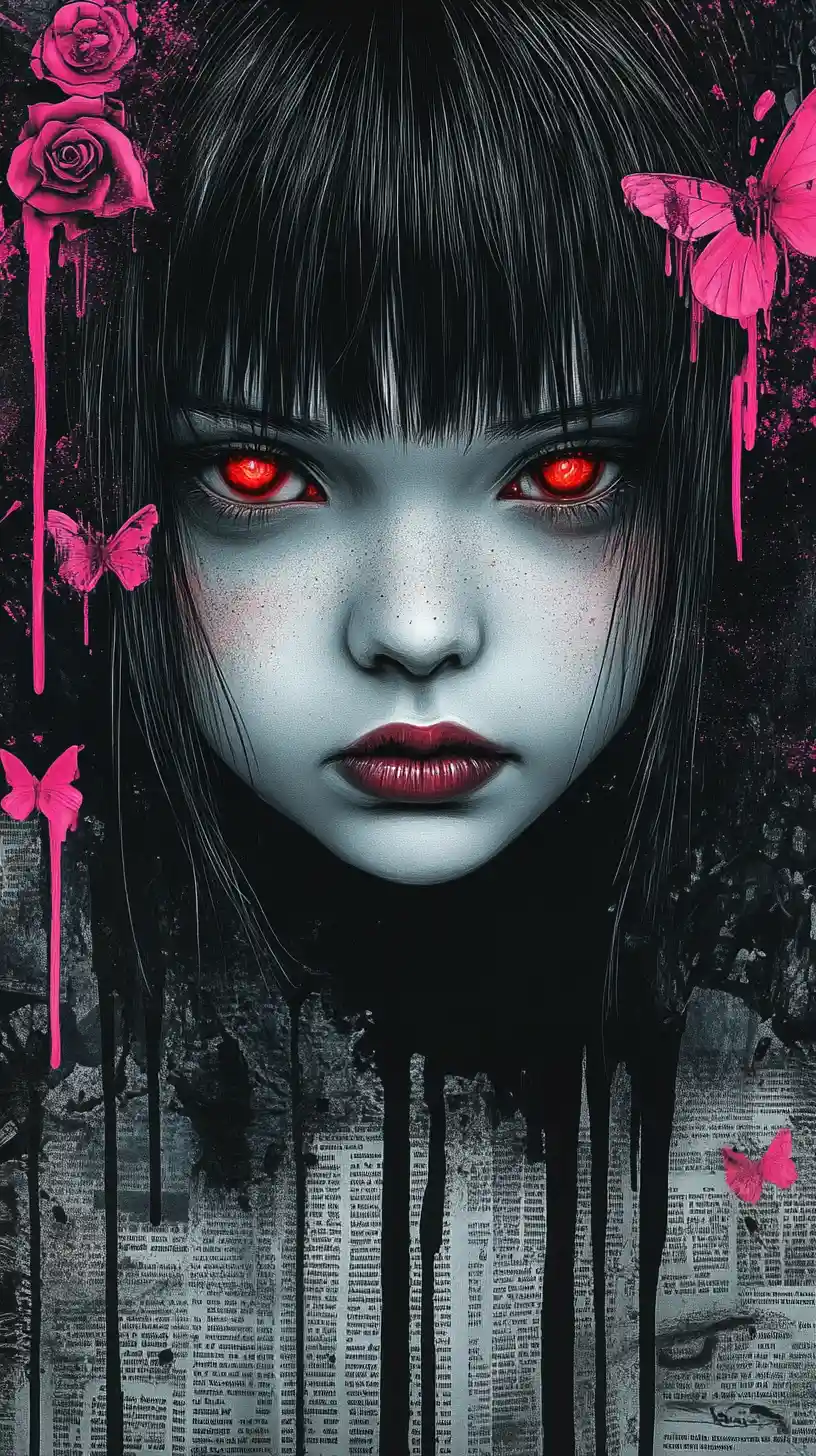 Girl with glowing red eyes in dark urban collage