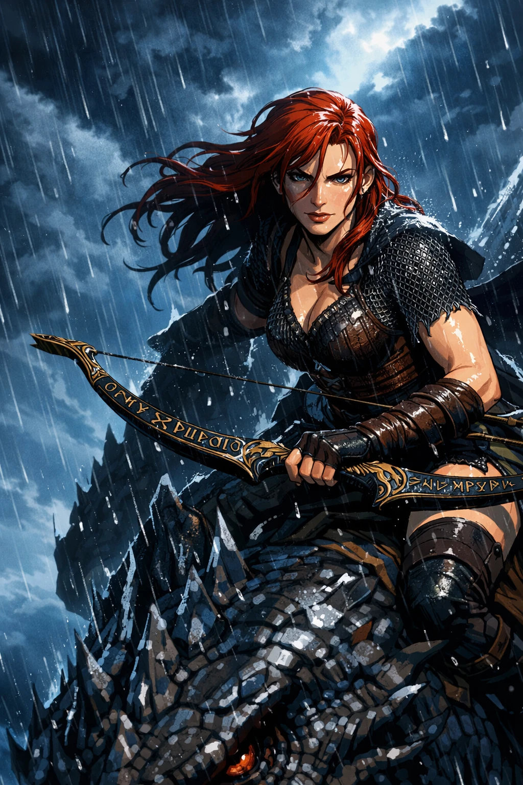 Amazon archer riding a colossal dragon through storm clouds