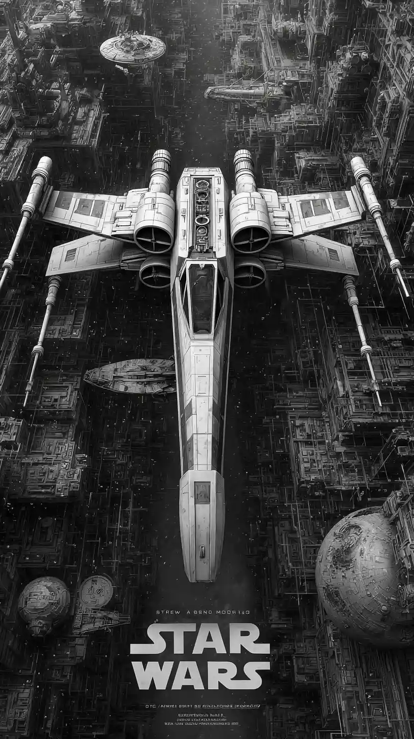Minimalistisches Schwarz-Weiß-Poster eines Starfighters im Weltraum