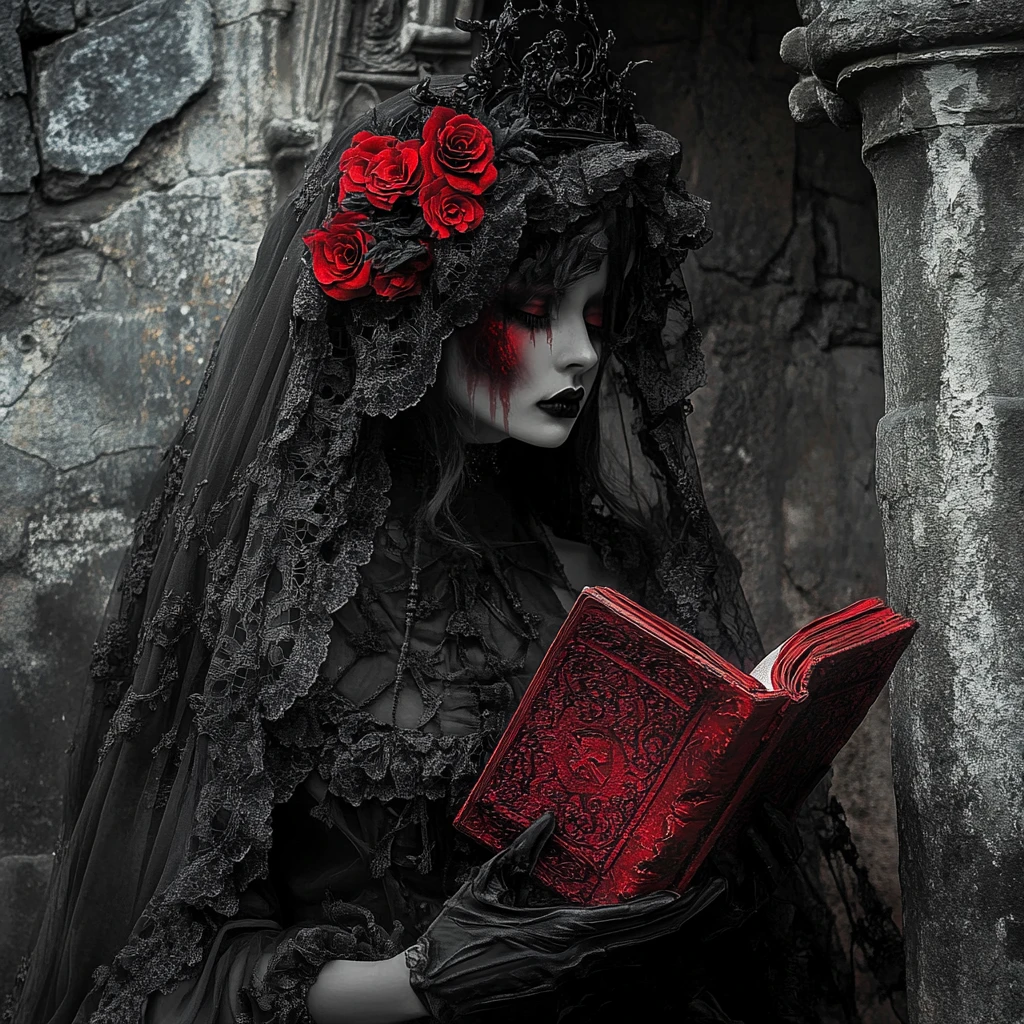 Veiled blood moon oracle in a crumbling gothic castle
