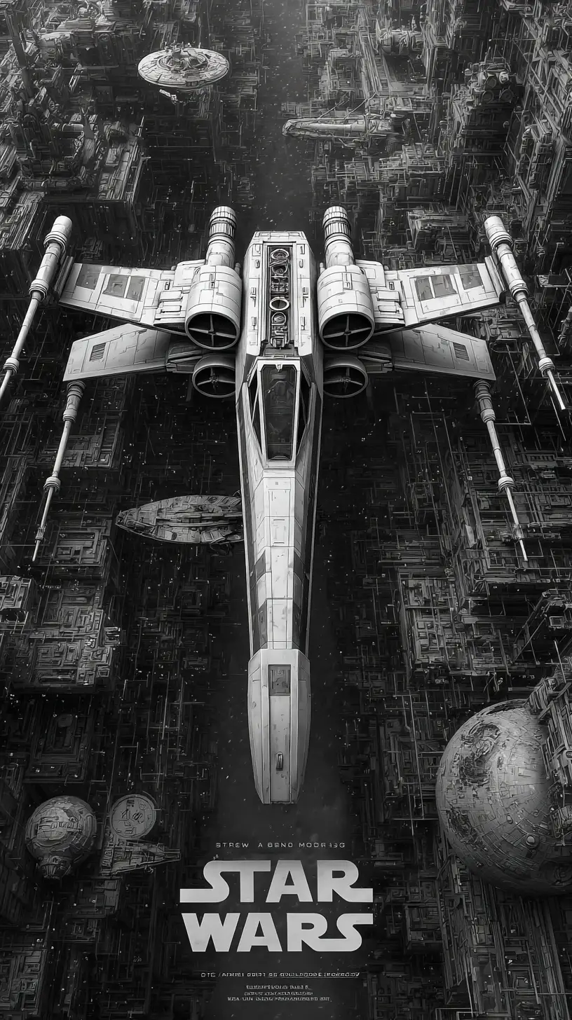 Minimalistisches Schwarz-Weiß-Poster eines Starfighters im Weltraum
