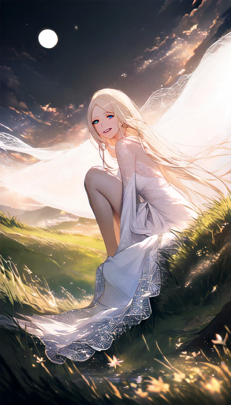 Woman in white gown gazing at the moon on a hillside