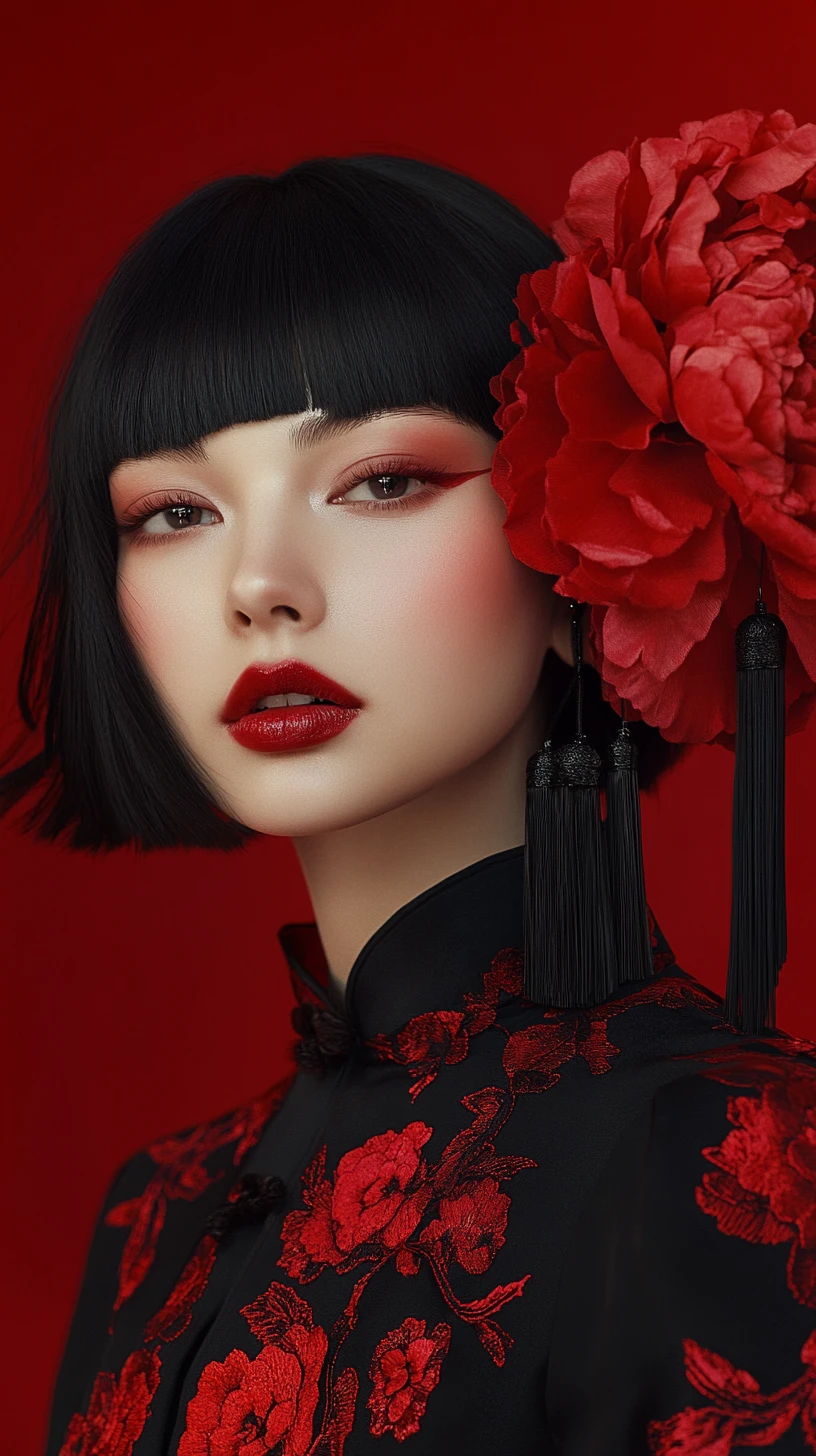 Elegant woman in black cheongsam with red peony details