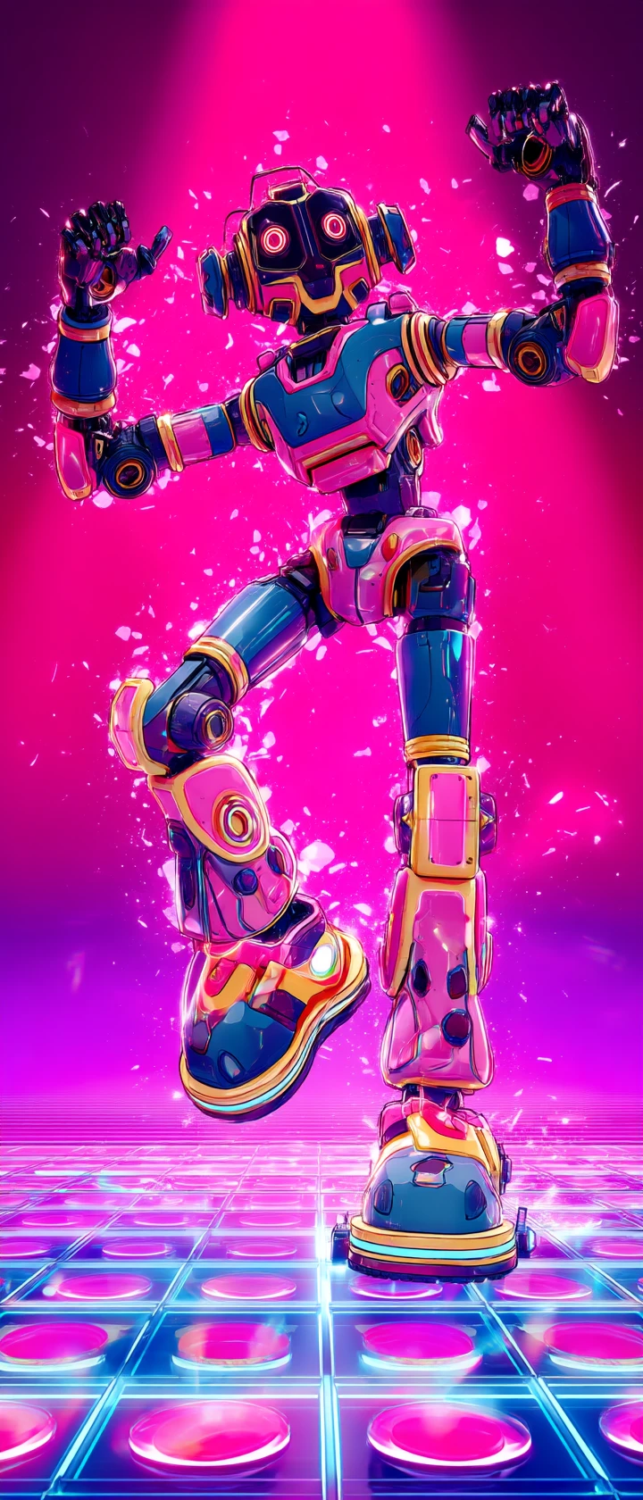 Anime robot dancing with exaggerated disco moves in neon lights