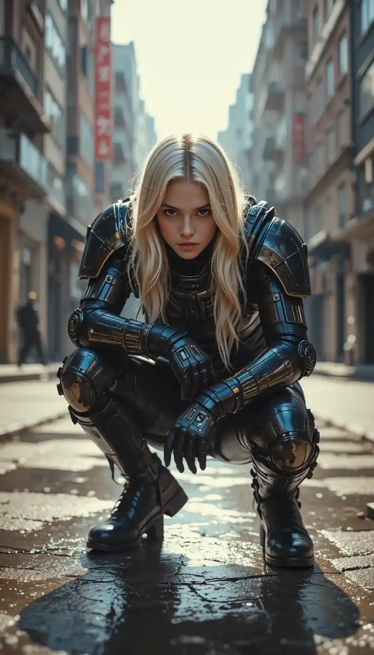 Mujer rubia agachada en una calle urbana soleada