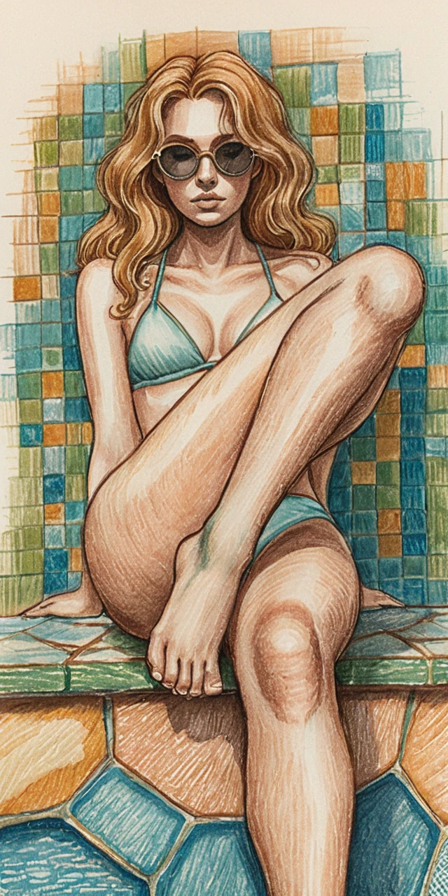 Confident woman in turquoise bikini at mosaic poolside