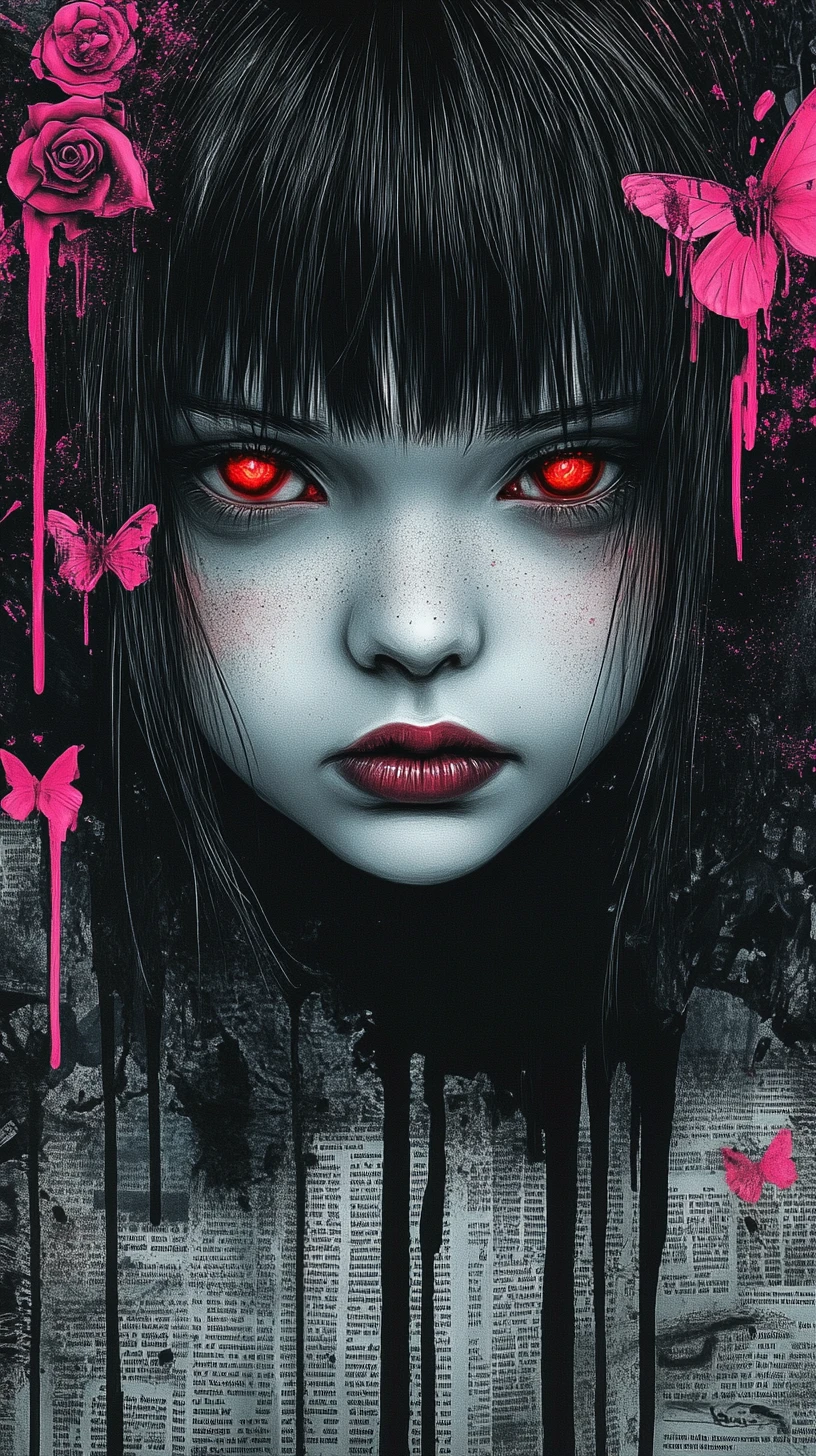 Girl with glowing red eyes in dark urban collage