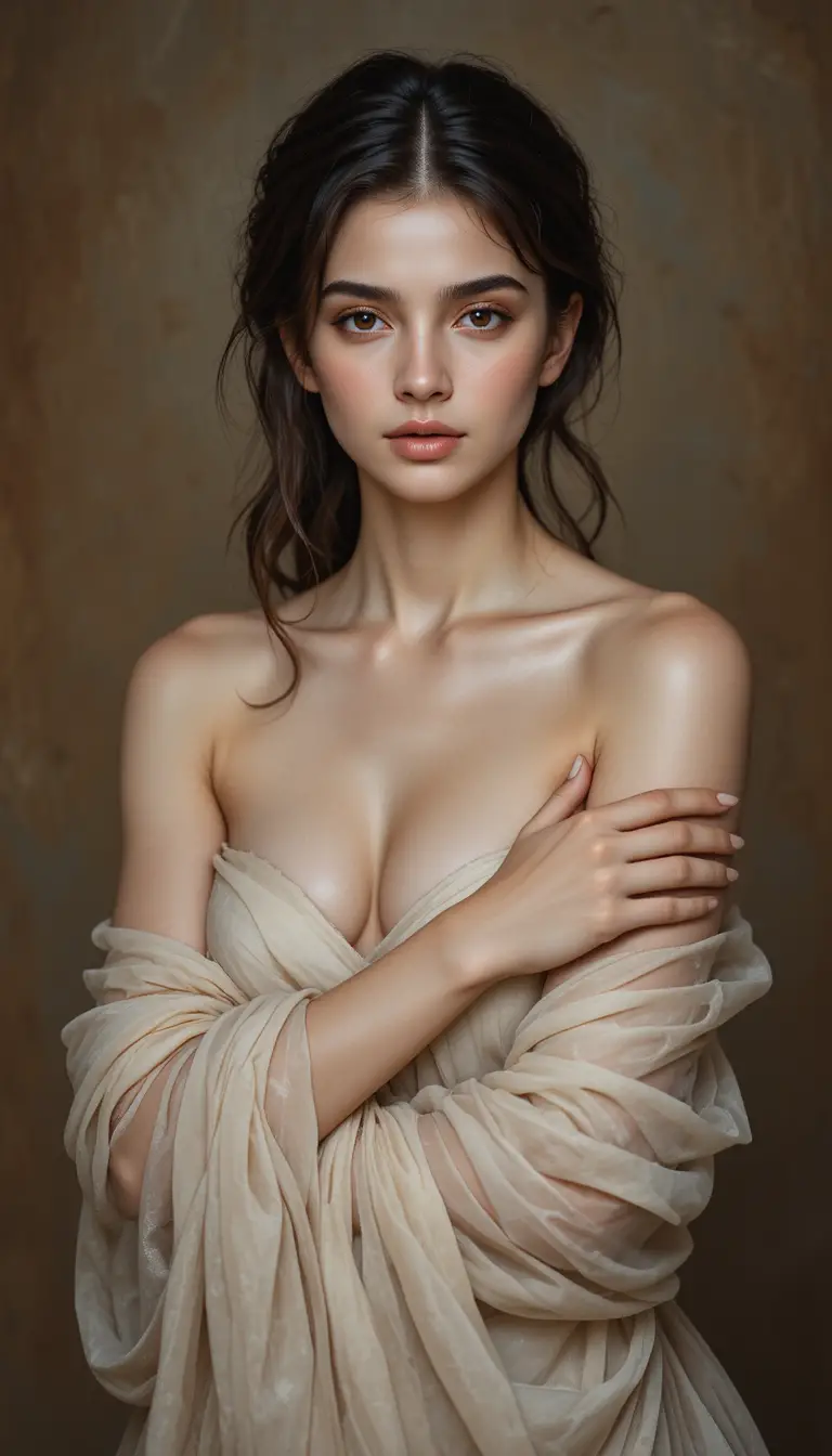 Classical portrait of a serene young woman in sheer fabric
