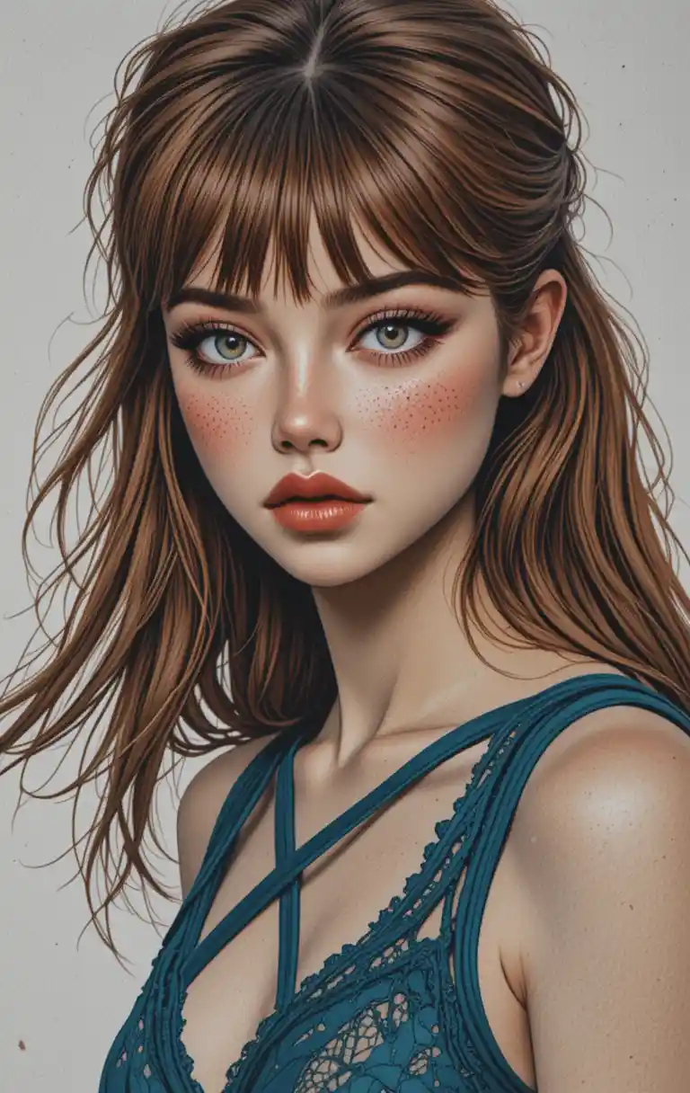 Colored pencil portrait of a freckled girl on paper