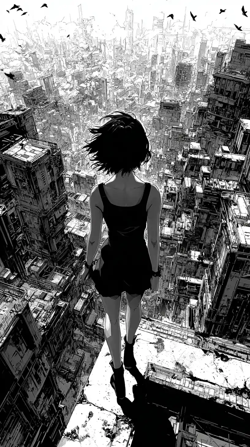 Donna anime sul cornicione di un tetto sopra una città distopica