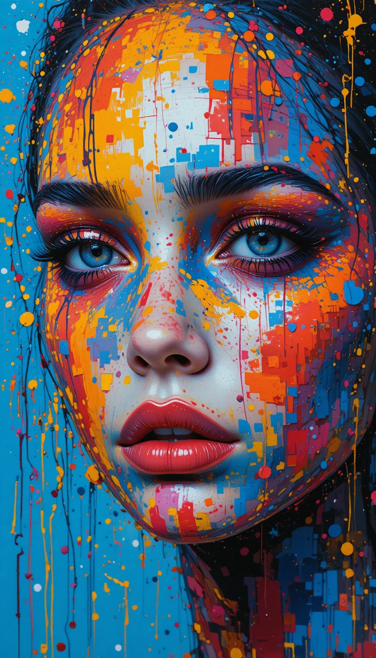Retrato abstrato e colorido de uma mulher com tinta pixelada