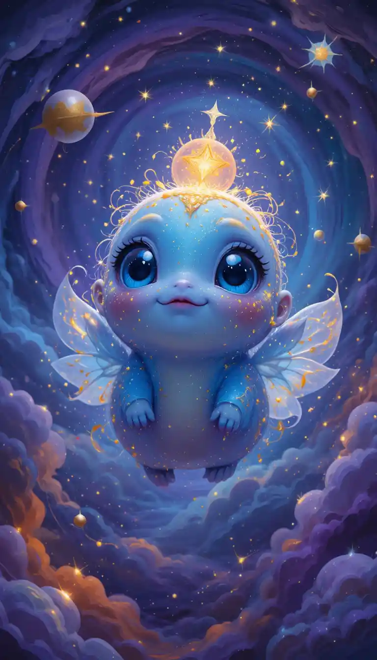 Smiling fantasy creature floating in glowing cosmic space
