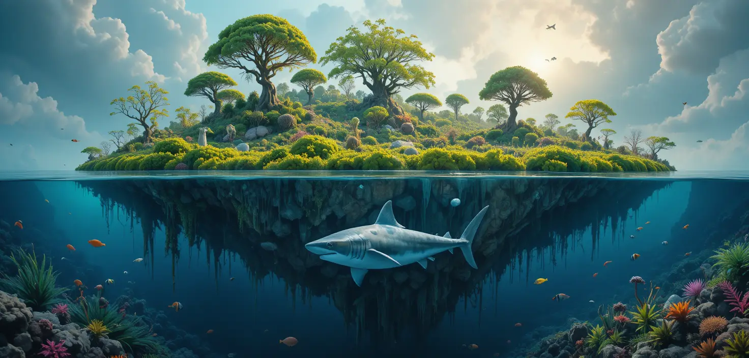 Isola fluttuante surreale divisa sopra e sotto la linea di galleggiamento