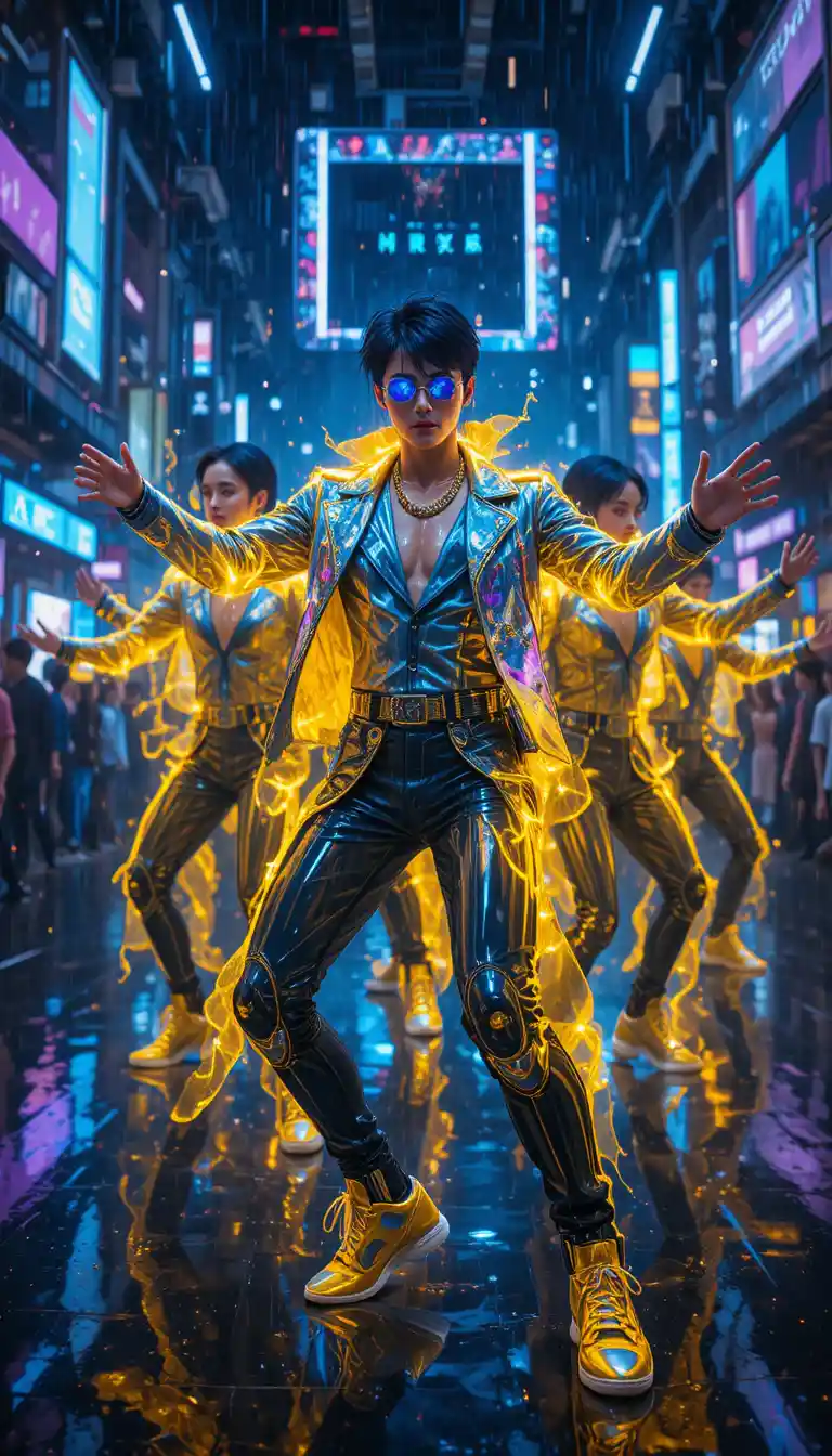 Cyberpunk dancer moving in neon lit rainy city street