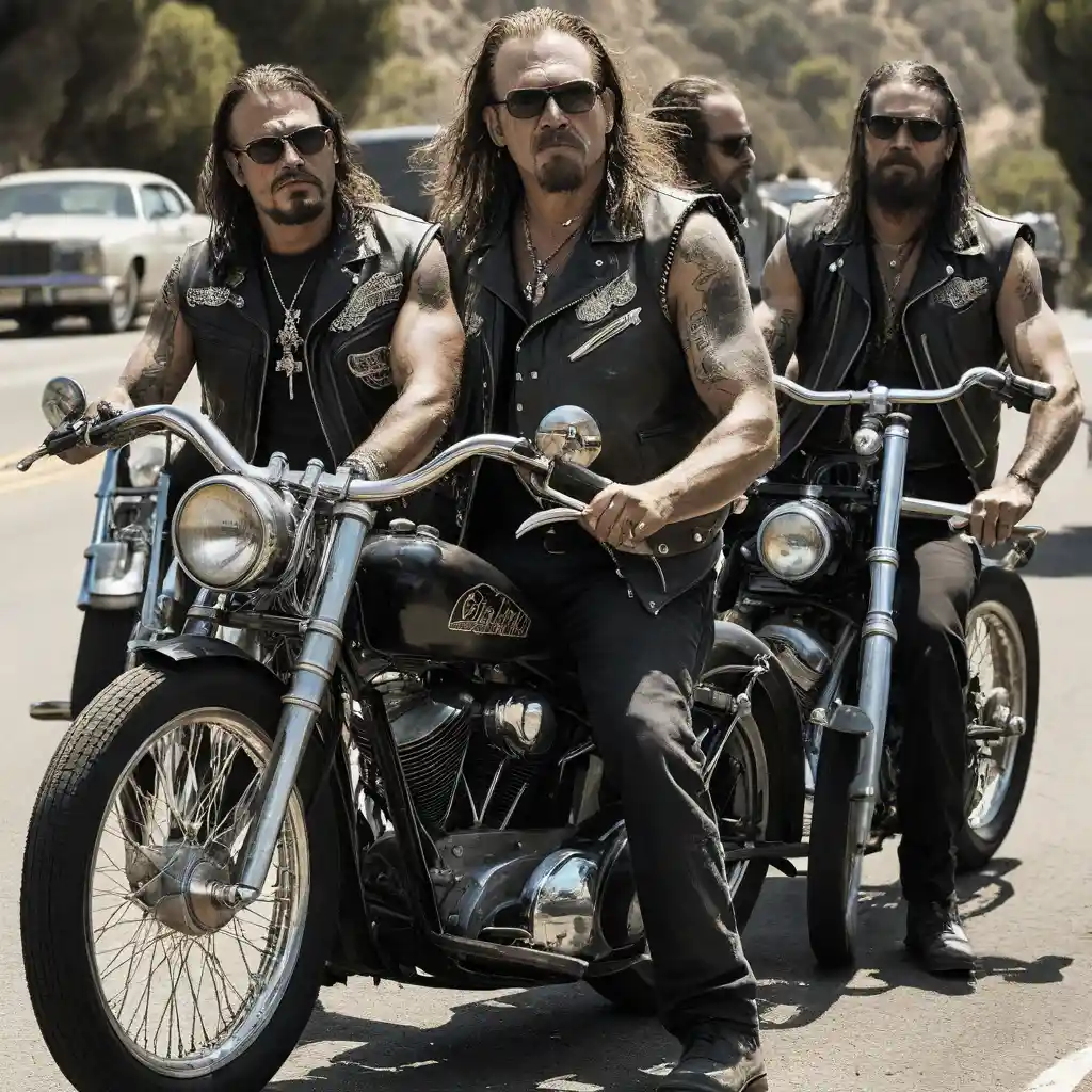 Outlaw motorcycle gangs riding in formation along the highway