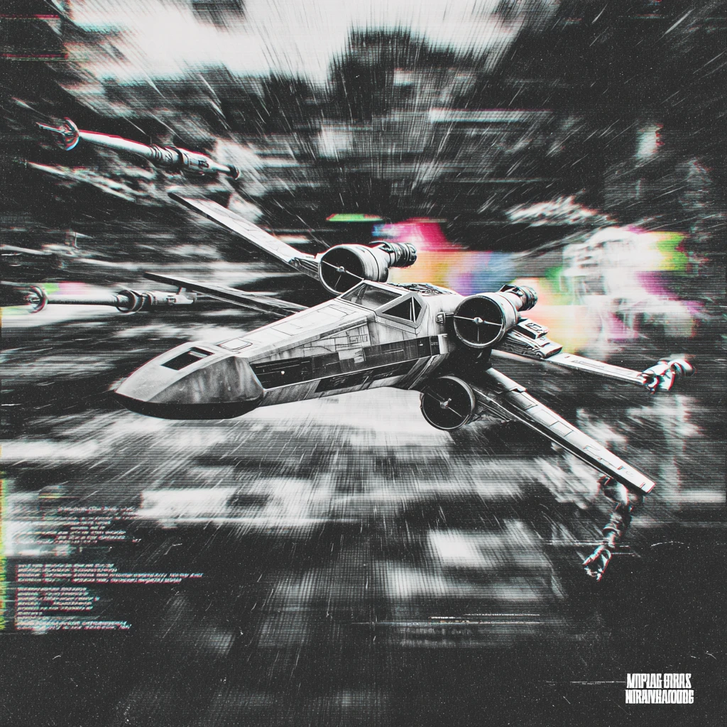 Minimal black and white poster with sci fi spacecraft