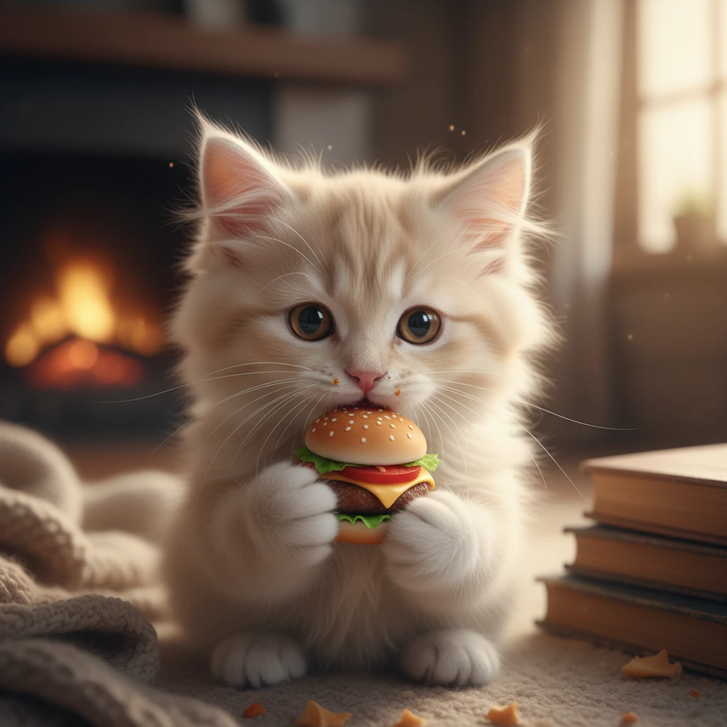 Lindo gatito esponjoso disfrutando de una hamburguesa a la luz cálida
