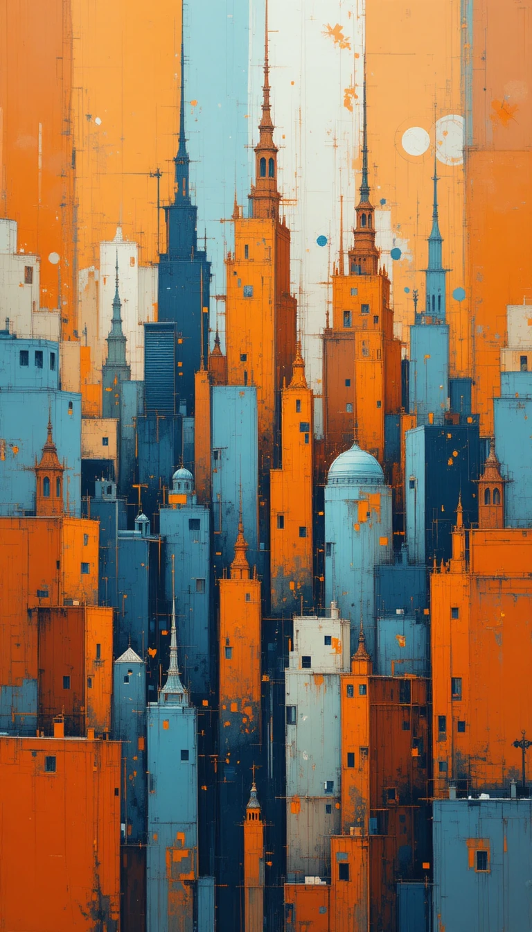 Abstract city skyline in layered warm and cool colors