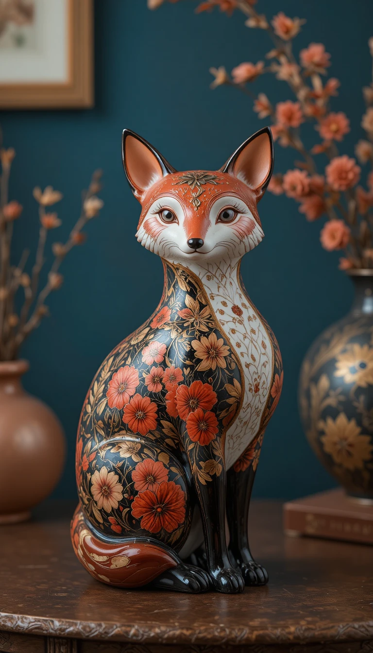 Hand painted ceramic fox vase on vintage table