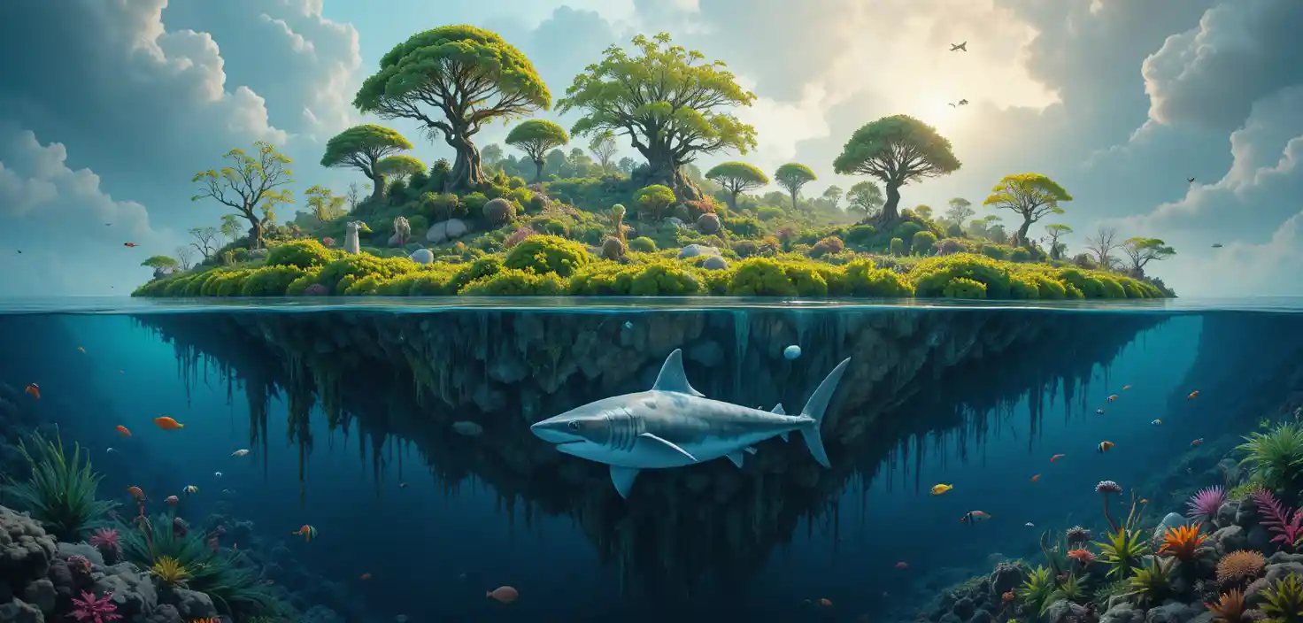Surreal Floating Island Split Above And Below Waterline