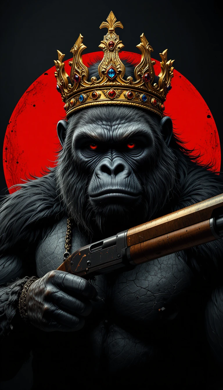 Gorilla In Golden Crown Holding Shotgun On Red Circle